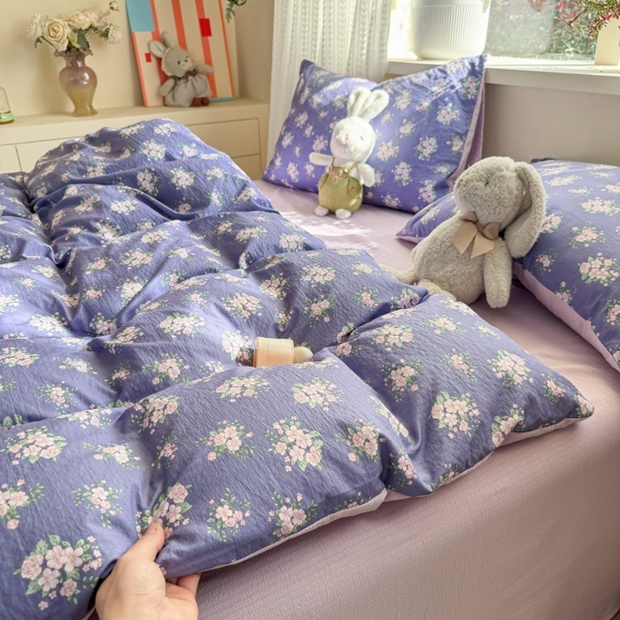 91家纺网 家纺一手货源 找家纺 安力森/诚臻酒店用品 2026新款A类双层皱皱纱四件套 浅紫花绒