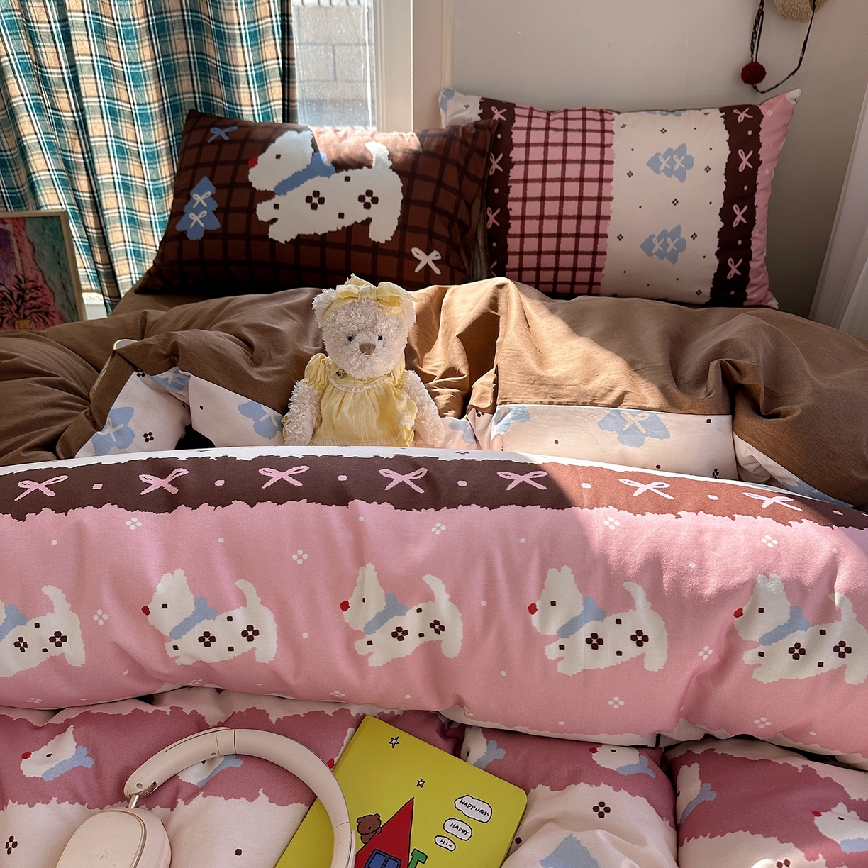 91家纺网 家纺一手货源 找家纺 桃子家居 2026新款纯棉混搭大版数码印花枕套小清新猫咪可爱系列四件套 棉混搭-甜美童话狗