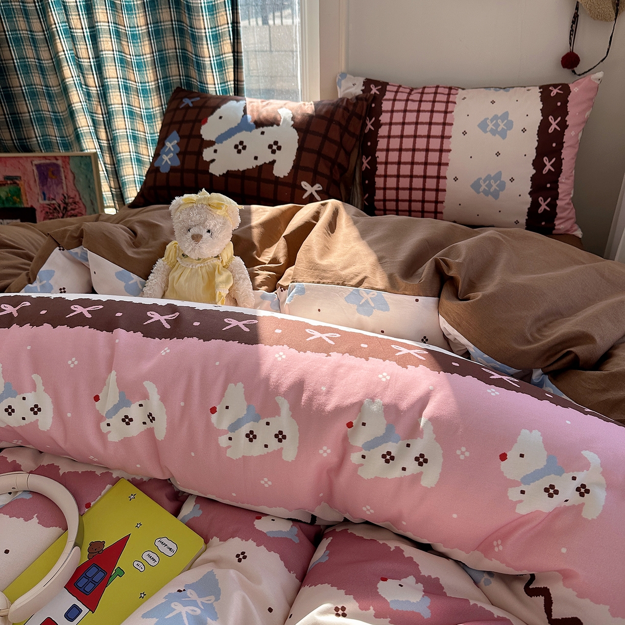 91家纺网 家纺一手货源 找家纺 桃子家居 2026新款纯棉混搭大版数码印花枕套小清新猫咪可爱系列四件套 棉混搭-甜美童话狗