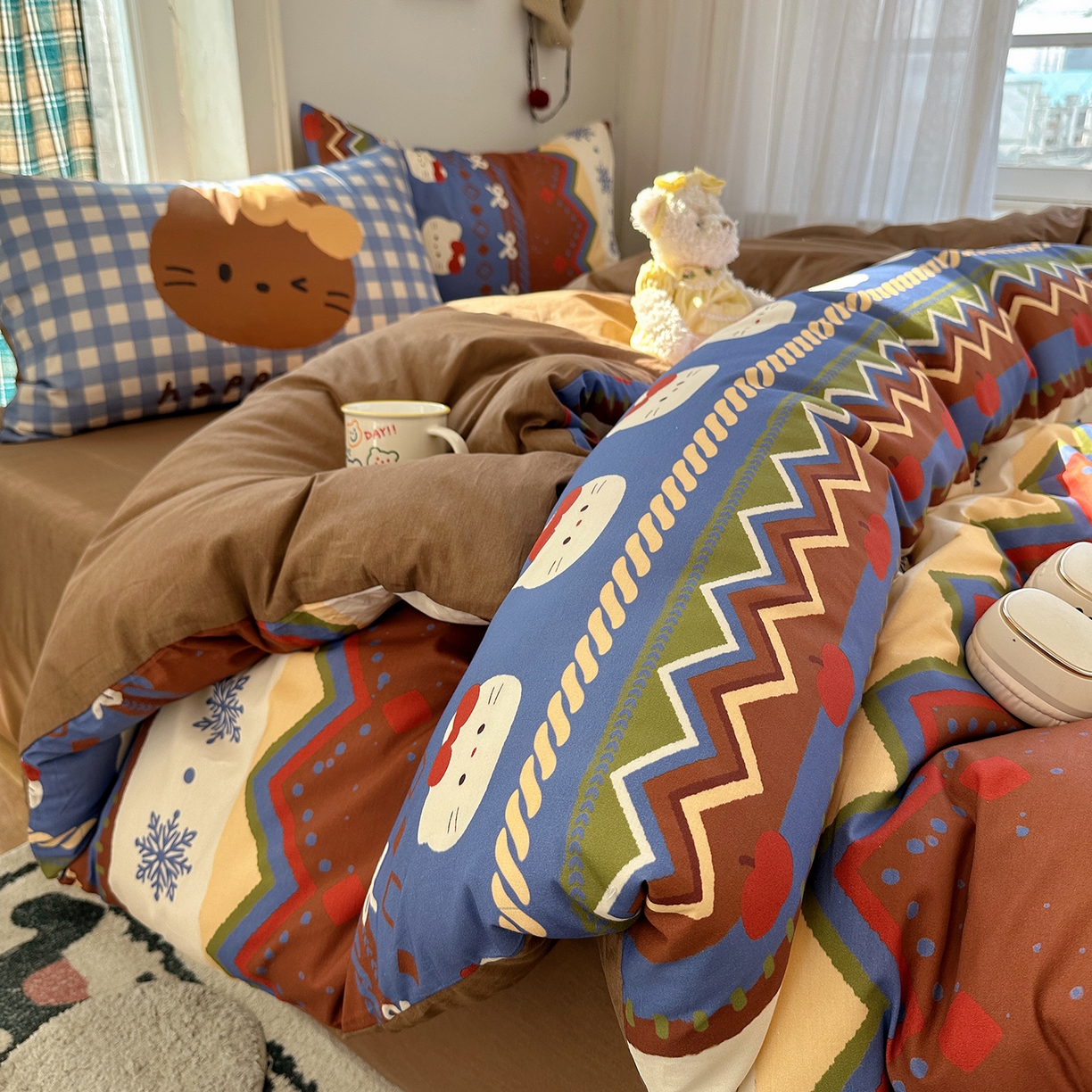 桃子家居 2026新款纯棉混搭大版数码印花枕套小清新猫咪可爱系列四件套 棉混搭-甜心软糖猫