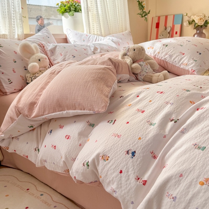 91家纺网 家纺一手货源 找家纺 安力森/诚臻酒店用品 2026新款A类双层皱皱纱四件套 桃心萌兔集