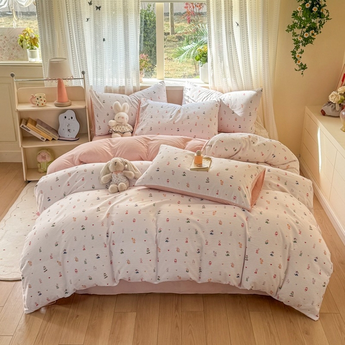 91家纺网 家纺一手货源 找家纺 安力森/诚臻酒店用品 2026新款A类双层皱皱纱四件套 桃心萌兔集