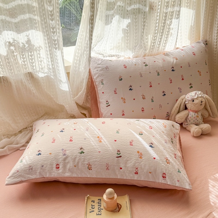 91家纺网 家纺一手货源 找家纺 安力森/诚臻酒店用品 2026新款A类双层皱皱纱四件套 桃心萌兔集