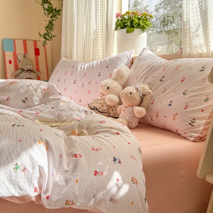 91家纺网 家纺一手货源 找家纺 安力森/诚臻酒店用品 2026新款A类双层皱皱纱四件套 桃心萌兔集