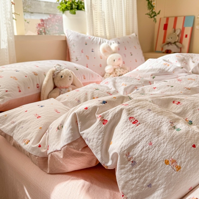 91家纺网 家纺一手货源 找家纺 安力森/诚臻酒店用品 2026新款A类双层皱皱纱四件套 桃心萌兔集