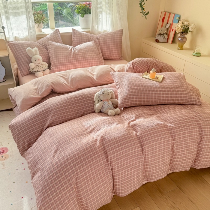 91家纺网 家纺一手货源 找家纺 安力森/诚臻酒店用品 2026新款A类双层皱皱纱四件套 英伦红格