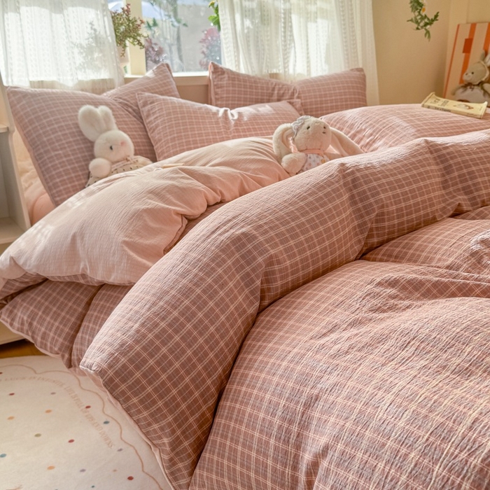 91家纺网 家纺一手货源 找家纺 安力森/诚臻酒店用品 2026新款A类双层皱皱纱四件套 英伦红格