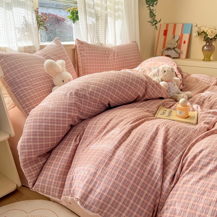 91家纺网 家纺一手货源 找家纺 安力森/诚臻酒店用品 2026新款A类双层皱皱纱四件套 英伦红格