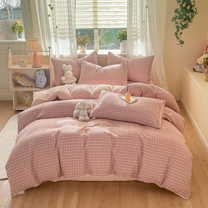 91家纺网 家纺一手货源 找家纺 安力森/诚臻酒店用品 2026新款A类双层皱皱纱四件套 英伦红格