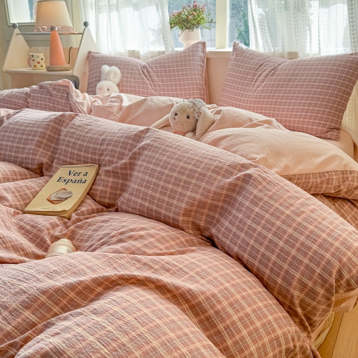 91家纺网 家纺一手货源 找家纺 安力森/诚臻酒店用品 2026新款A类双层皱皱纱四件套 英伦红格