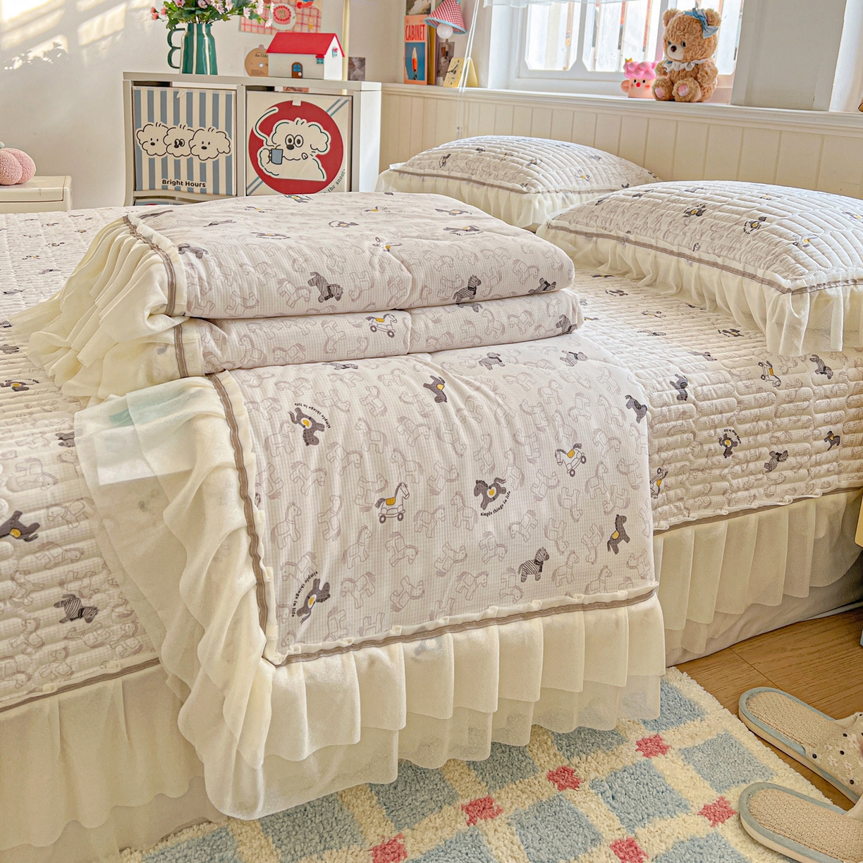 富米莱（原臻工厂） 2026新款高奢维密花边冰肤格凉感夏凉被床盖夏被空调被四件套 夏被床盖-萌马聚财