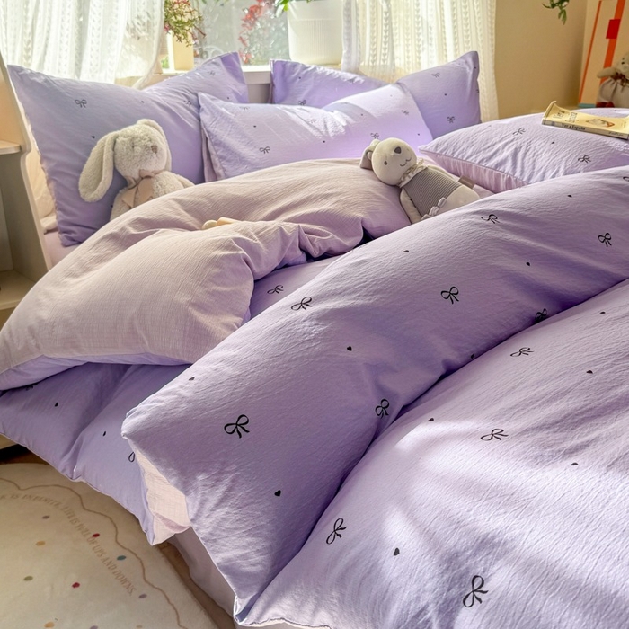 91家纺网 家纺一手货源 找家纺 安力森/诚臻酒店用品 2026新款A类双层皱皱纱四件套 紫色蝴蝶结