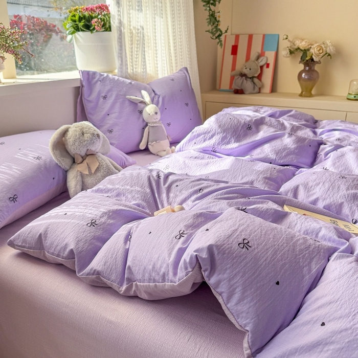 91家纺网 家纺一手货源 找家纺 安力森/诚臻酒店用品 2026新款A类双层皱皱纱四件套 紫色蝴蝶结