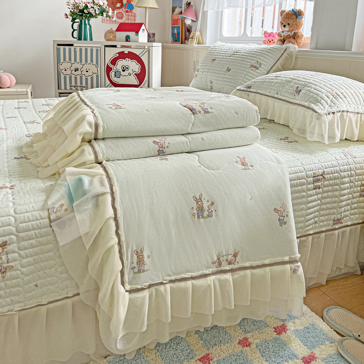 富米莱（原臻工厂） 2026新款高奢维密花边冰肤格凉感夏凉被床盖夏被空调被四件套 夏被床盖-青屿小兔