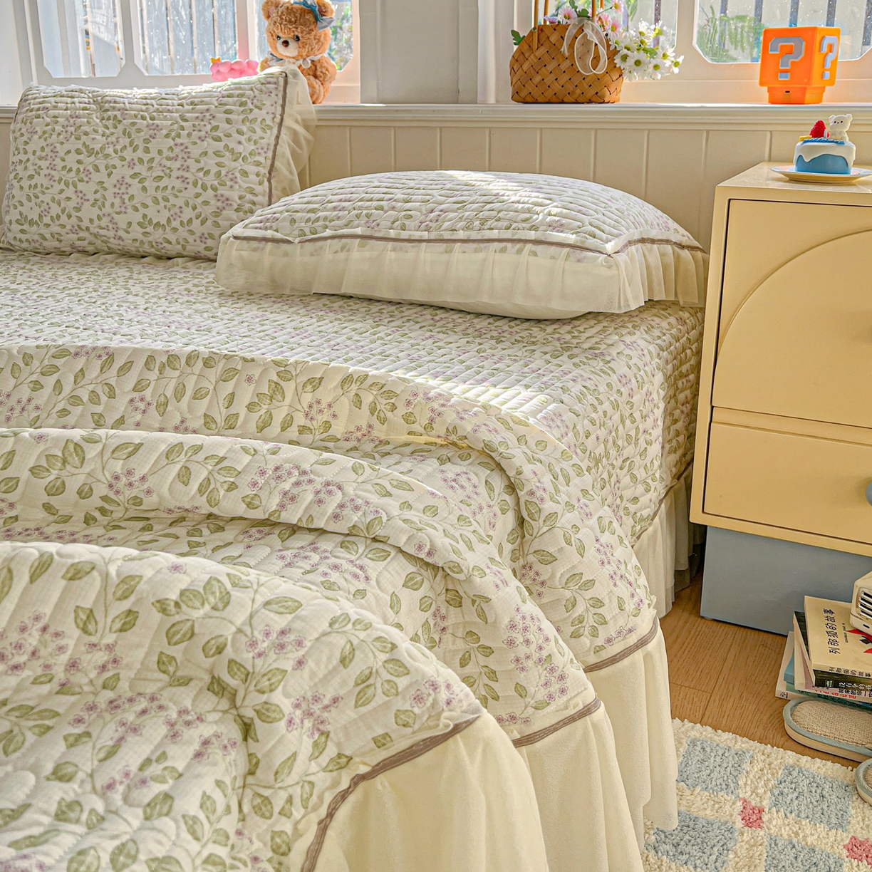 91家纺网 家纺一手货源 找家纺 富米莱（原臻工厂） 2026新款高奢维密花边冰肤格凉感夏凉被床盖夏被空调被四件套 夏被床盖-青枝纳福