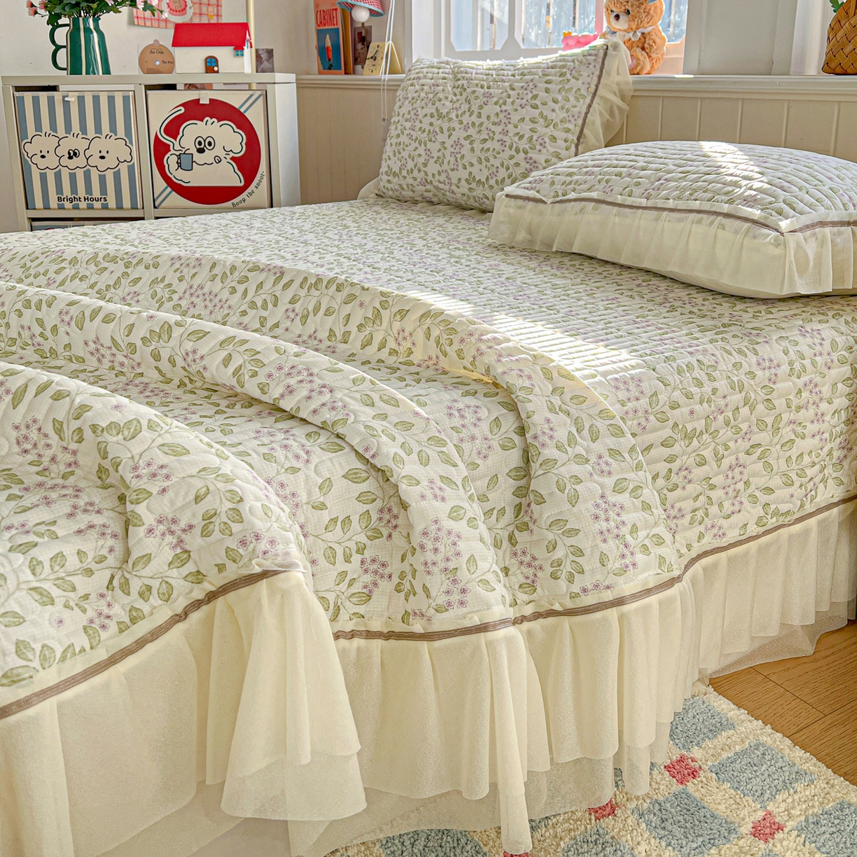 91家纺网 家纺一手货源 找家纺 富米莱（原臻工厂） 2026新款高奢维密花边冰肤格凉感夏凉被床盖夏被空调被四件套 夏被床盖-青枝纳福