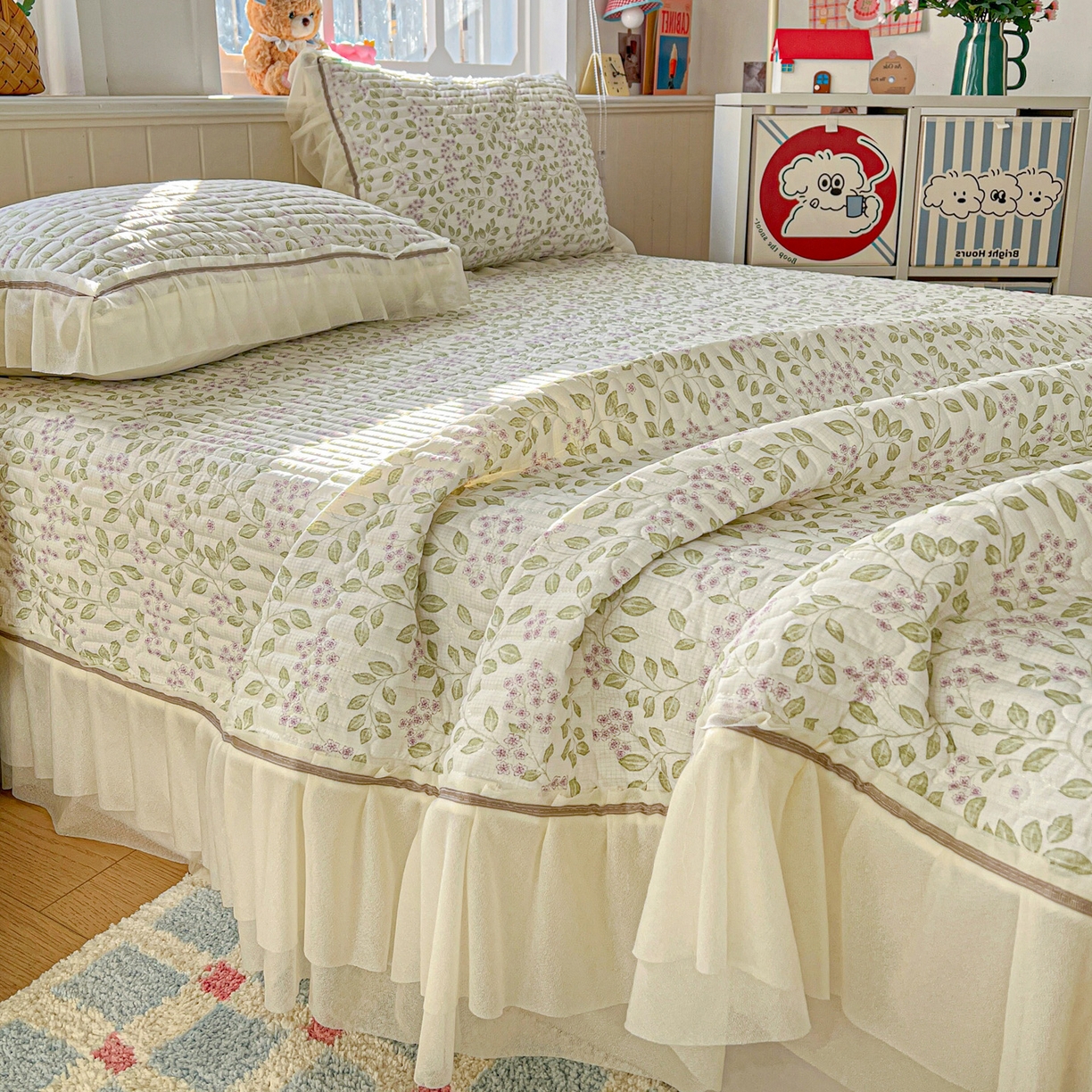 91家纺网 家纺一手货源 找家纺 富米莱（原臻工厂） 2026新款高奢维密花边冰肤格凉感夏凉被床盖夏被空调被四件套 夏被床盖-青枝纳福