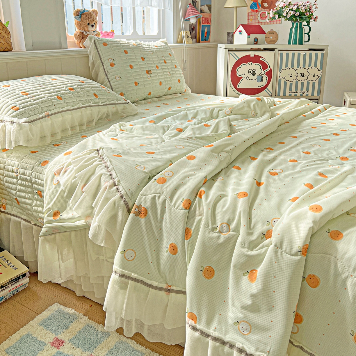 91家纺网 家纺一手货源 找家纺 富米莱（原臻工厂） 2026新款高奢维密花边冰肤格凉感夏凉被床盖夏被空调被四件套 夏被床盖-小蜜橘