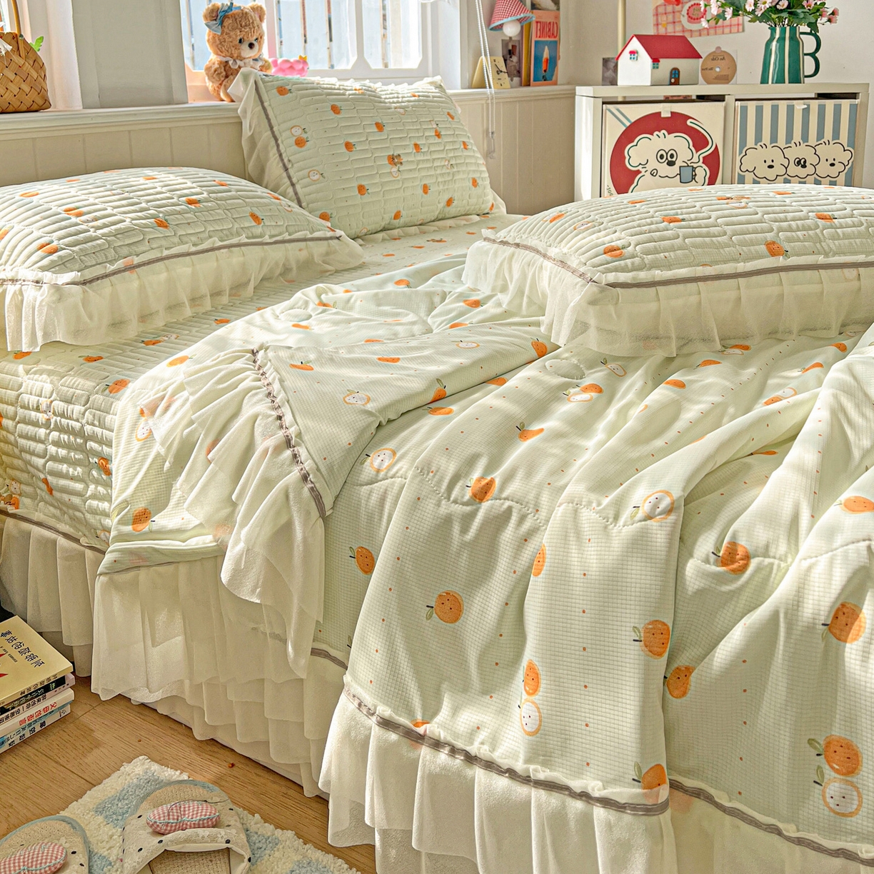 91家纺网 家纺一手货源 找家纺 富米莱（原臻工厂） 2026新款高奢维密花边冰肤格凉感夏凉被床盖夏被空调被四件套 夏被床盖-小蜜橘