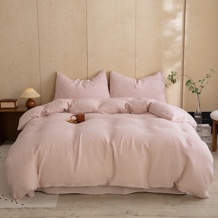 91家纺网 家纺一手货源 找家纺 双层纱家居 2025新款全棉纯棉色织双层纱四件套-弥山千鸟格 弥山粉