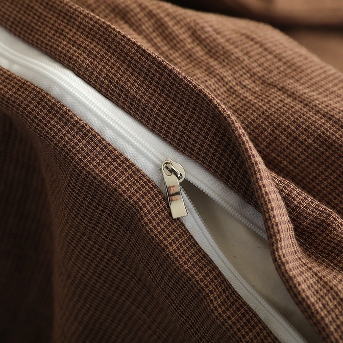 91家纺网 家纺一手货源 找家纺 双层纱家居 2025新款全棉纯棉色织双层纱四件套-弥山千鸟格 弥山咖色