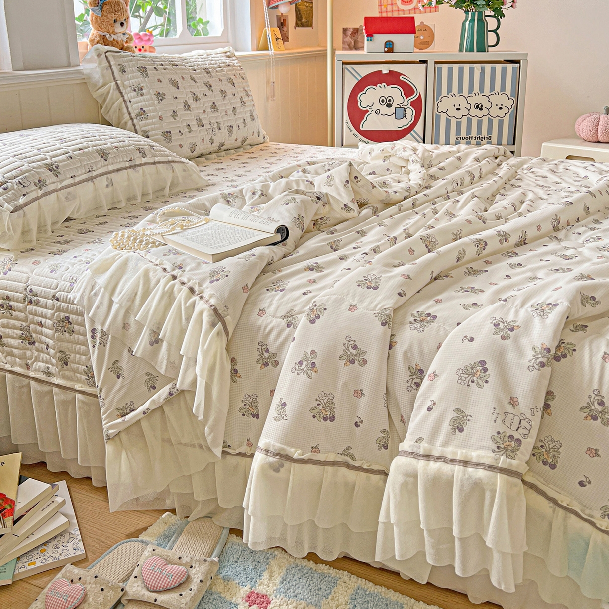 91家纺网 家纺一手货源 找家纺 富米莱（原臻工厂） 2026新款高奢维密花边冰肤格凉感夏凉被床盖夏被空调被四件套 夏被床盖-紫花小猫