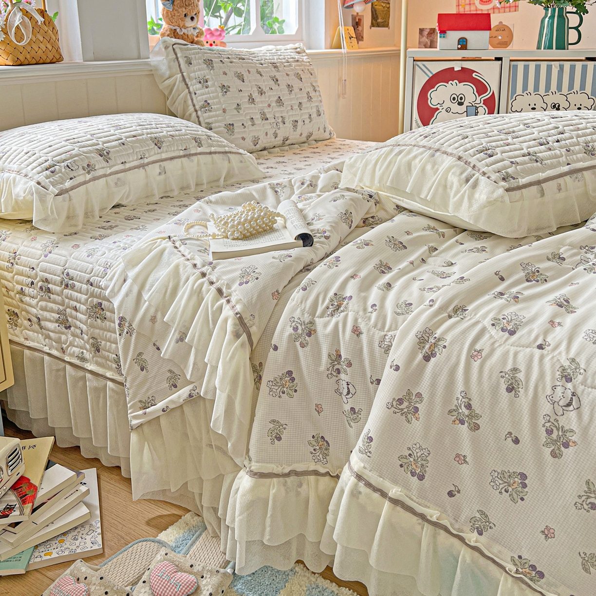 91家纺网 家纺一手货源 找家纺 富米莱（原臻工厂） 2026新款高奢维密花边冰肤格凉感夏凉被床盖夏被空调被四件套 夏被床盖-紫花小猫