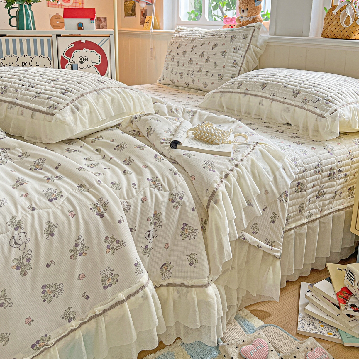 91家纺网 家纺一手货源 找家纺 富米莱（原臻工厂） 2026新款高奢维密花边冰肤格凉感夏凉被床盖夏被空调被四件套 夏被床盖-紫花小猫