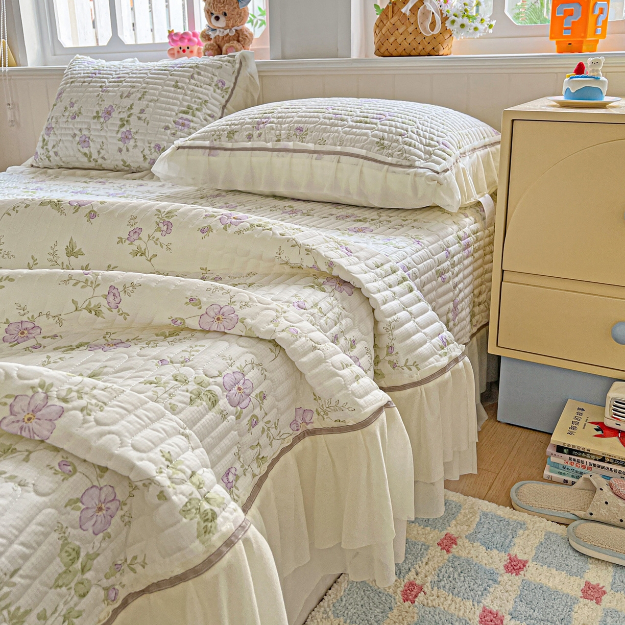 91家纺网 家纺一手货源 找家纺 富米莱（原臻工厂） 2026新款高奢维密花边冰肤格凉感夏凉被床盖夏被空调被四件套 夏被床盖-紫雾花田