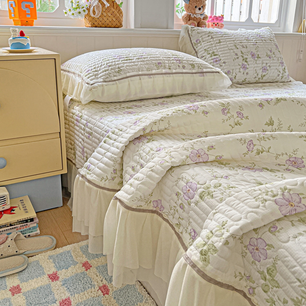 91家纺网 家纺一手货源 找家纺 富米莱（原臻工厂） 2026新款高奢维密花边冰肤格凉感夏凉被床盖夏被空调被四件套 夏被床盖-紫雾花田