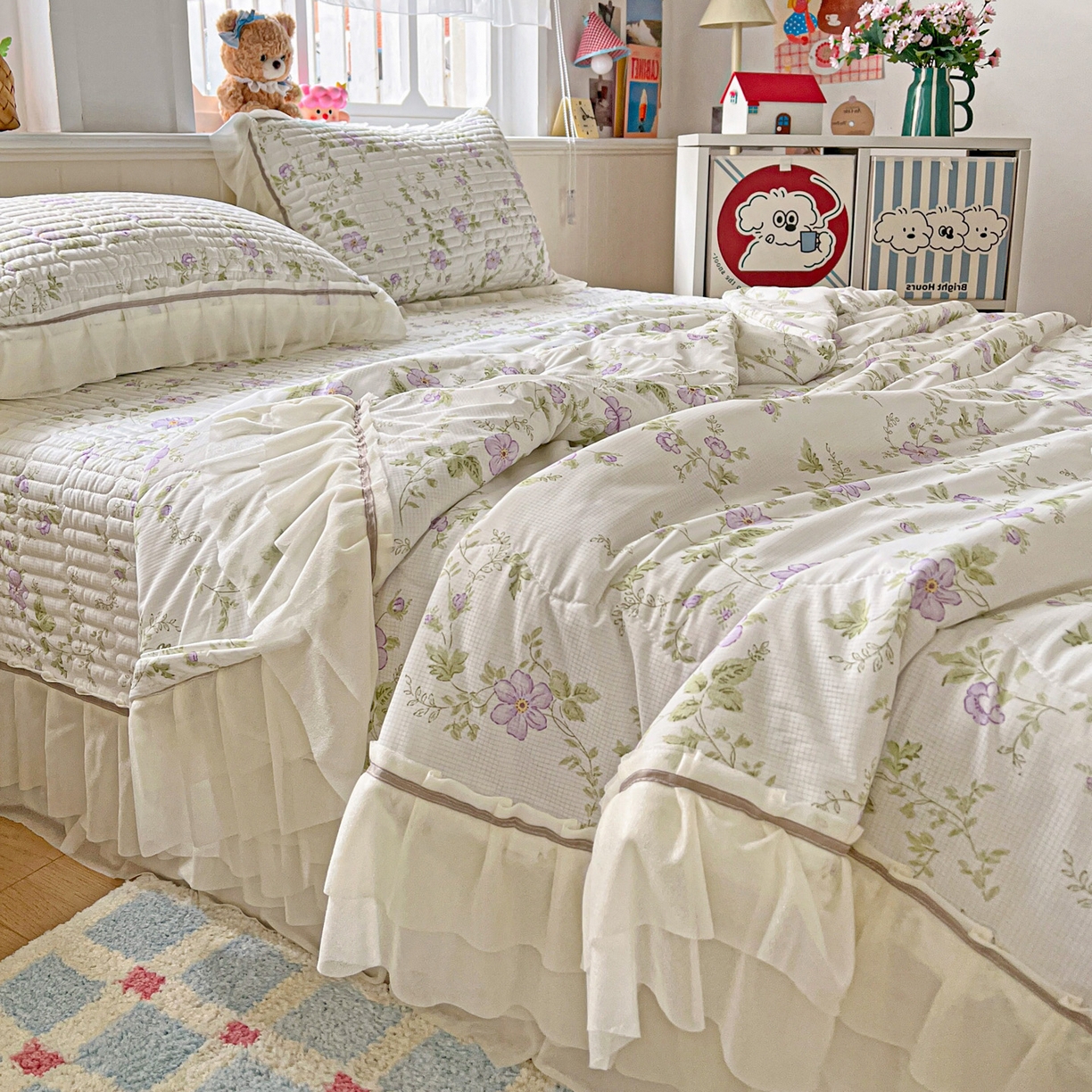 91家纺网 家纺一手货源 找家纺 富米莱（原臻工厂） 2026新款高奢维密花边冰肤格凉感夏凉被床盖夏被空调被四件套 夏被床盖-紫雾花田