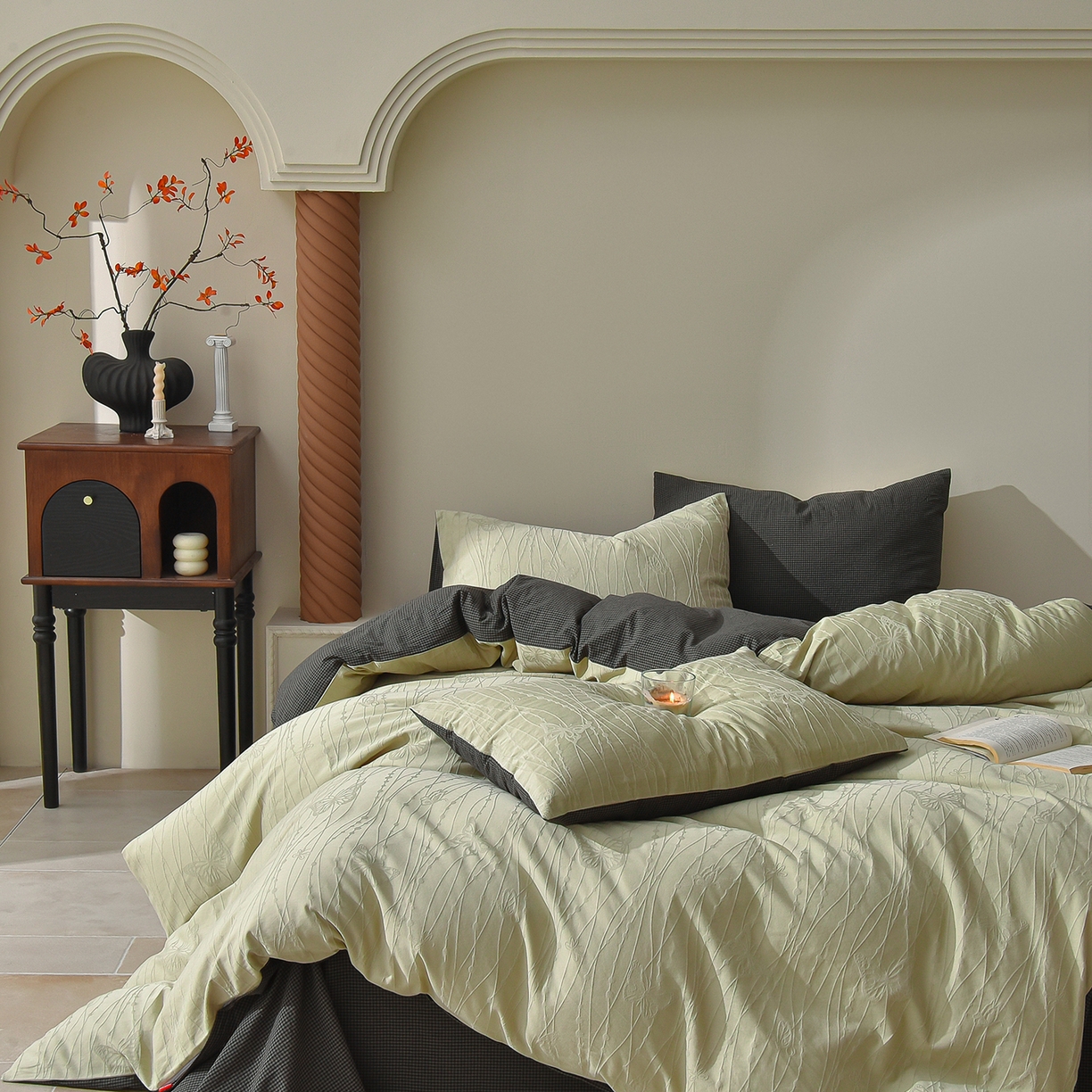 91家纺网 家纺一手货源 找家纺 炫拼家纺 2026新款A类60支水洗棉立体浮雕提花全棉四件套-幻蝶系列 幻蝶-绿光森林