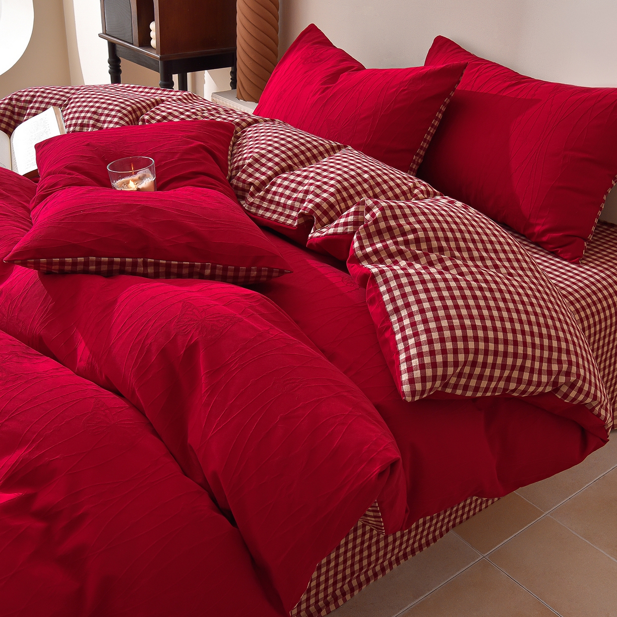 炫拼家纺 2026新款A类60支水洗棉立体浮雕提花全棉四件套-幻蝶系列 幻蝶-中国红