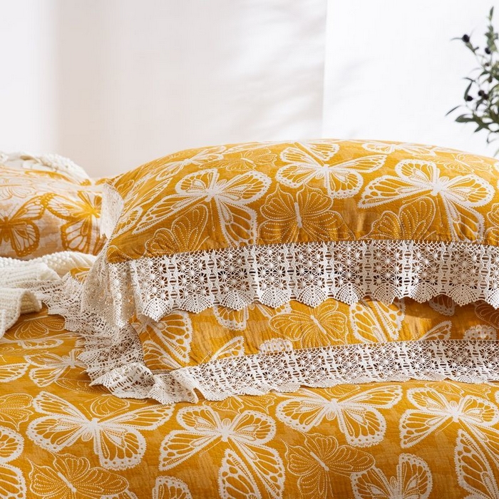 91家纺网 家纺一手货源 找家纺 （总）双层纱家居 2025新款AA版拉链花边款全棉色织大提花双层纱四件套梦蝶