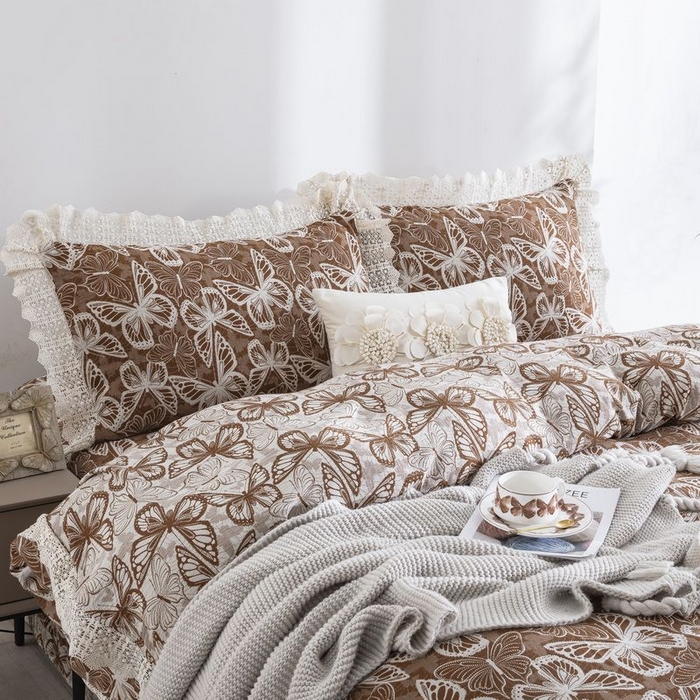 91家纺网 家纺一手货源 找家纺 双层纱家居 2025新款AA版拉链花边款全棉色织大提花双层纱四件套梦蝶 梦蝶咖