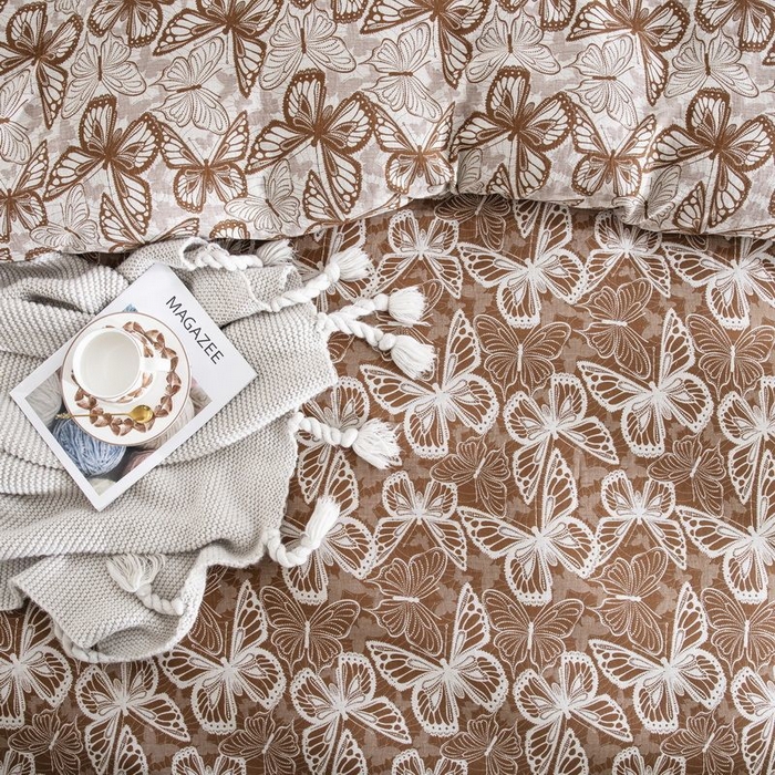 91家纺网 家纺一手货源 找家纺 双层纱家居 2025新款AA版拉链花边款全棉色织大提花双层纱四件套梦蝶 梦蝶咖