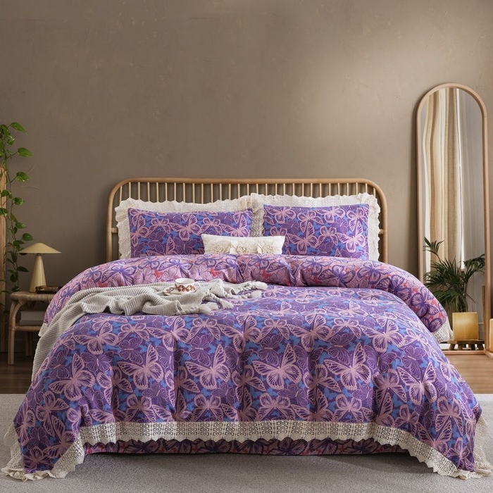 双层纱家居 2025新款AA版拉链花边款全棉色织大提花双层纱四件套梦蝶 梦蝶紫