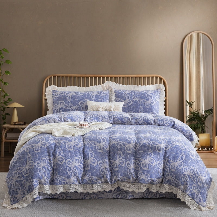 双层纱家居 2025新款AA版拉链花边款全棉色织大提花双层纱四件套梦蝶 梦蝶蓝