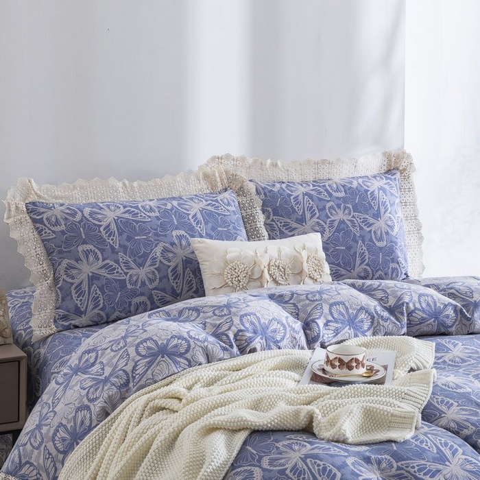 91家纺网 家纺一手货源 找家纺 双层纱家居 2025新款AA版拉链花边款全棉色织大提花双层纱四件套梦蝶 梦蝶蓝