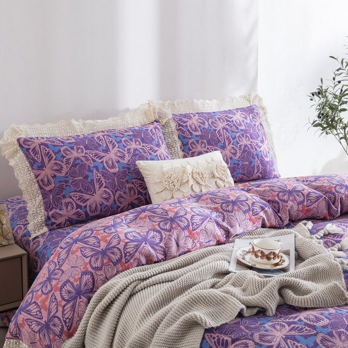 91家纺网 家纺一手货源 找家纺 双层纱家居 2025新款AA版拉链花边款全棉色织大提花双层纱四件套梦蝶 梦蝶紫