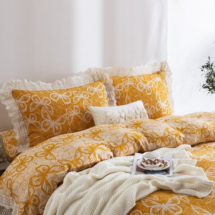 91家纺网 家纺一手货源 找家纺 双层纱家居 2025新款AA版拉链花边款全棉色织大提花双层纱四件套梦蝶 梦蝶黄