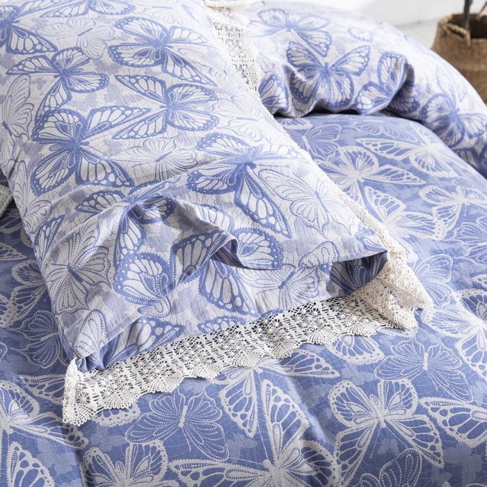 91家纺网 家纺一手货源 找家纺 双层纱家居 2025新款AA版拉链花边款全棉色织大提花双层纱四件套梦蝶 梦蝶蓝