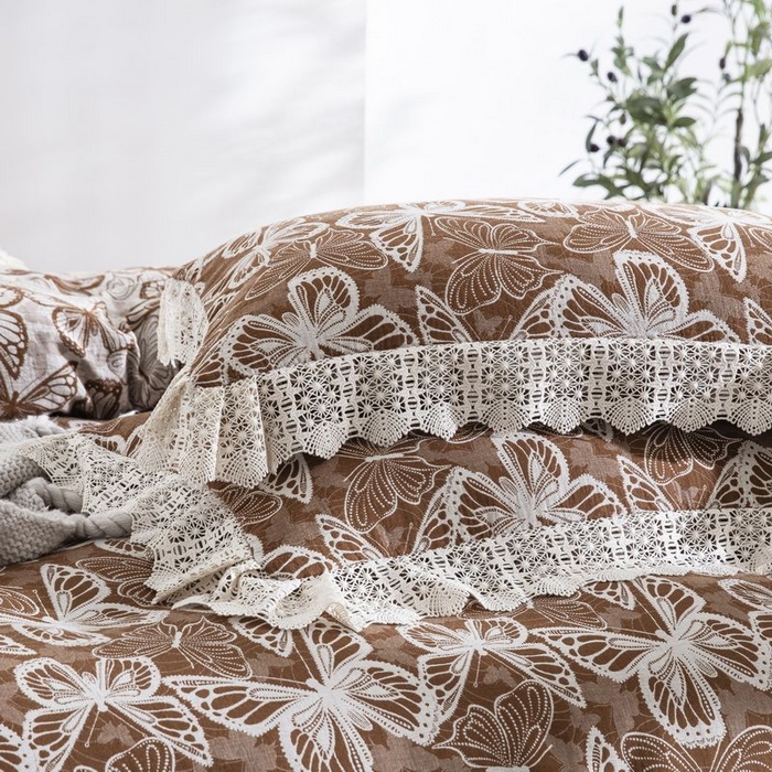 91家纺网 家纺一手货源 找家纺 双层纱家居 2025新款AA版拉链花边款全棉色织大提花双层纱四件套梦蝶 梦蝶咖