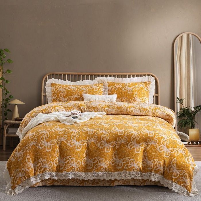 双层纱家居 2025新款AA版拉链花边款全棉色织大提花双层纱四件套梦蝶 梦蝶黄