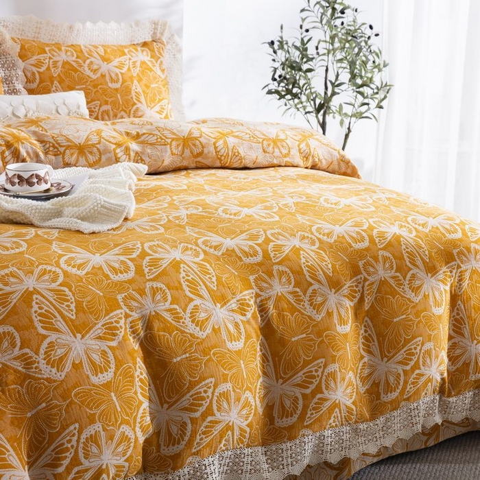 91家纺网 家纺一手货源 找家纺 双层纱家居 2025新款AA版拉链花边款全棉色织大提花双层纱四件套梦蝶 梦蝶黄