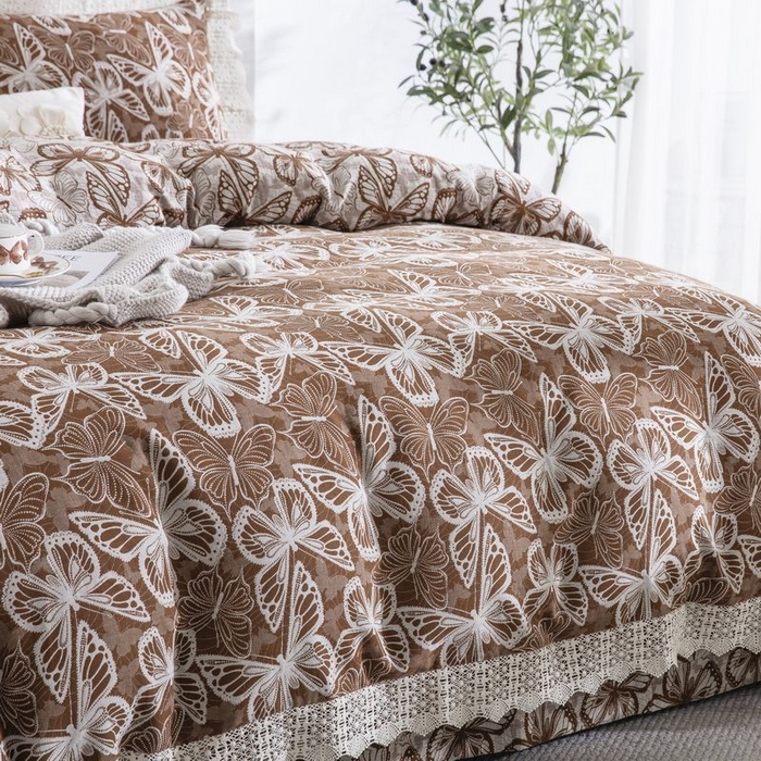 91家纺网 家纺一手货源 找家纺 双层纱家居 2025新款AA版拉链花边款全棉色织大提花双层纱四件套梦蝶 梦蝶咖