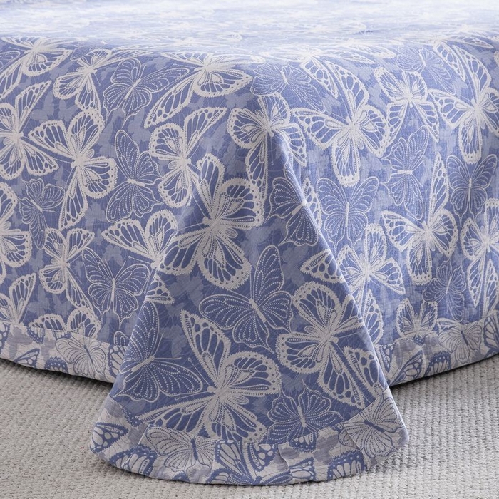 91家纺网 家纺一手货源 找家纺 双层纱家居 2025新款AA版拉链花边款全棉色织大提花双层纱四件套梦蝶 梦蝶蓝