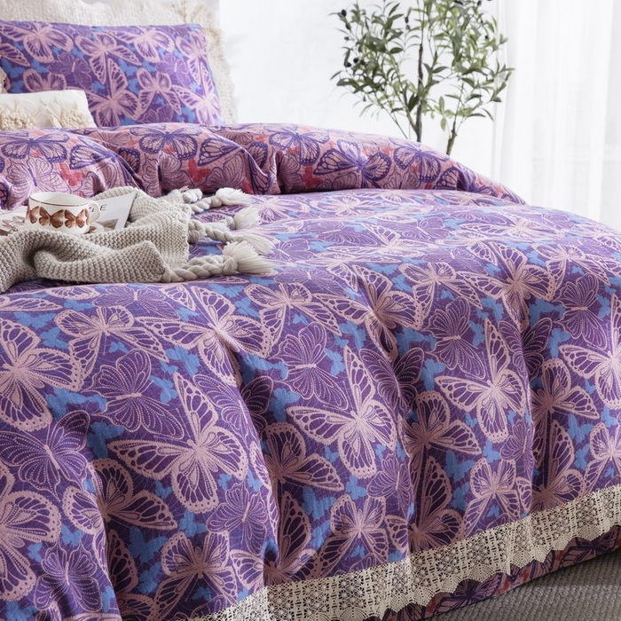 91家纺网 家纺一手货源 找家纺 双层纱家居 2025新款AA版拉链花边款全棉色织大提花双层纱四件套梦蝶 梦蝶紫