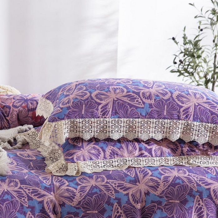 91家纺网 家纺一手货源 找家纺 双层纱家居 2025新款AA版拉链花边款全棉色织大提花双层纱四件套梦蝶 梦蝶紫