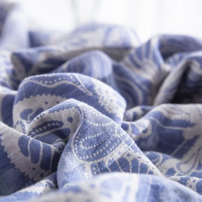 91家纺网 家纺一手货源 找家纺 双层纱家居 2025新款AA版拉链花边款全棉色织大提花双层纱四件套梦蝶 梦蝶蓝